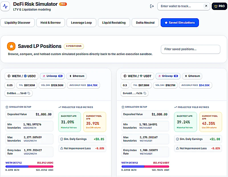 Saved DeFi Simulations list